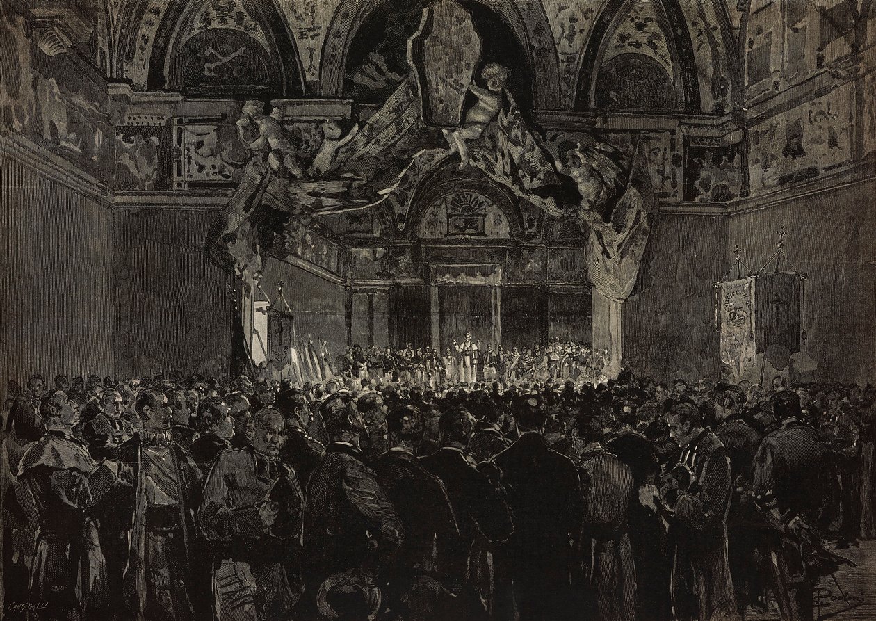 Leo XIII vastaanottamassa ranskalaisia pyhiinvaeltajia Ducal Hallissa, paavin juhlavuosi, Vatikaanissa, kaiverrus Dante Paoloccin piirroksesta, L