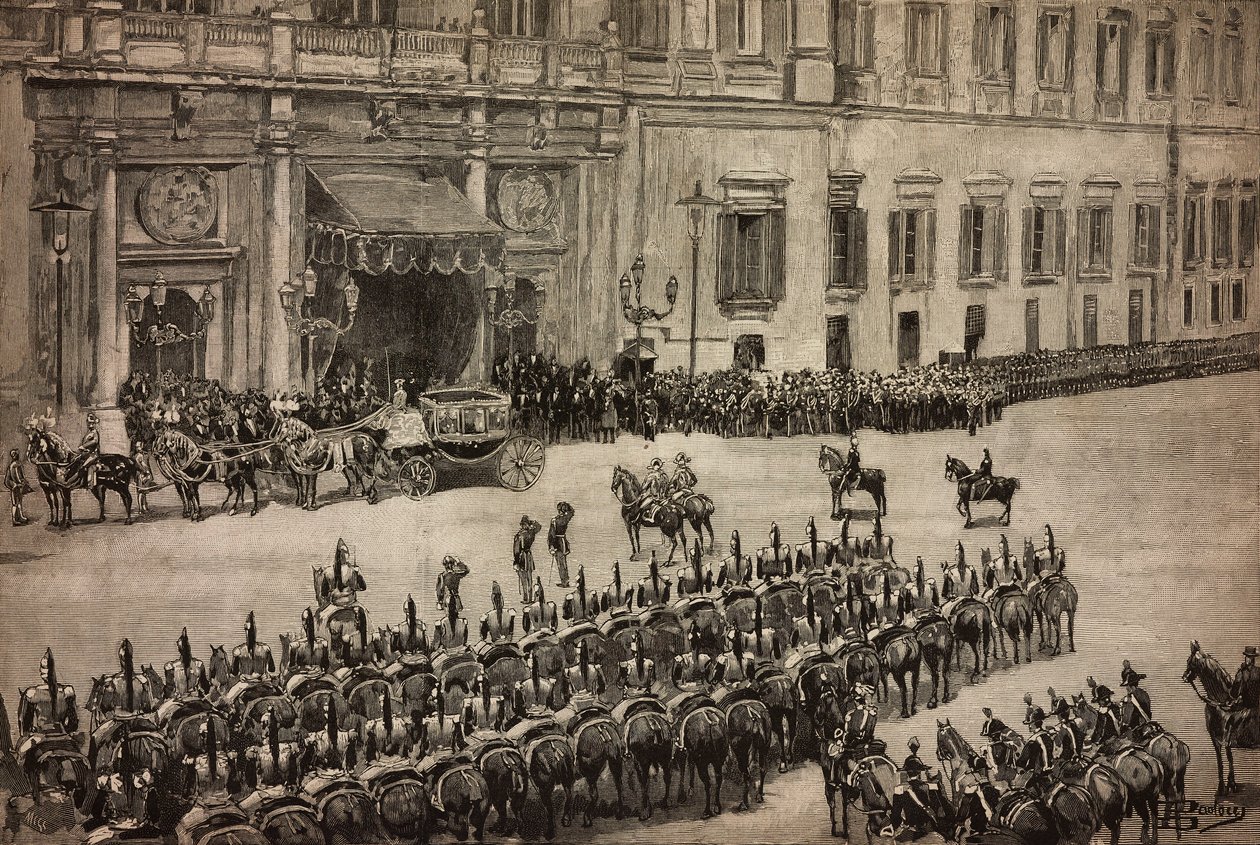 Parlamentin avajaiset, kuningas Umberto I:n saapuminen Montecitorioon, Roomaan, Italiaan, kaiverrus Dante Paoloccin piirroksesta, L