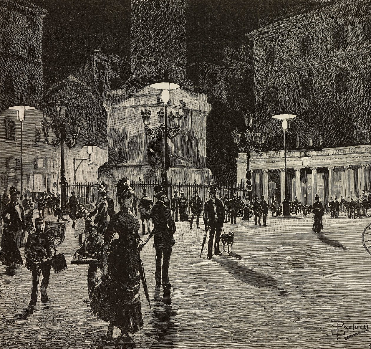 Piazza Colonna valaistu sähkövalolla, Rooma, Italia, piirustus Dante Paolocci, kaiverrus L