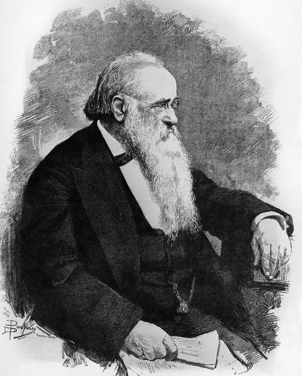 Italian valtiomiehen Agostino Depretisin (1813-1887) muotokuva, piirustus Dante Paolocci (1856-1926), kaiverrus L