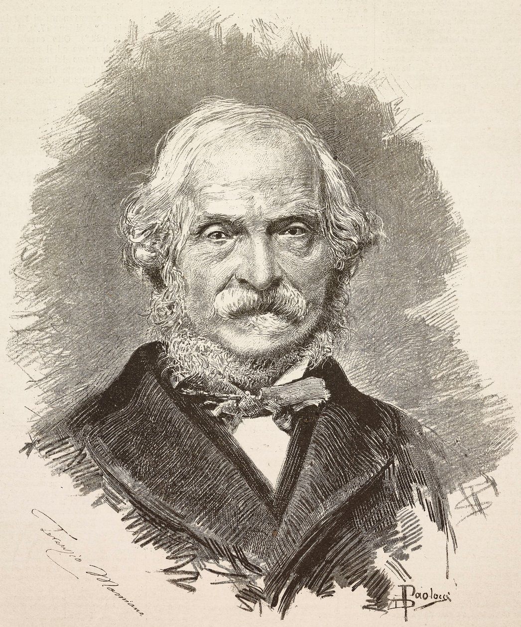 Muotokuva Terenzio Mamiani (1799-1885), italialainen poliitikko ja kirjailija, kaiverrus Dante Paoloccin piirroksesta ja Della Vallen valokuvasta, L