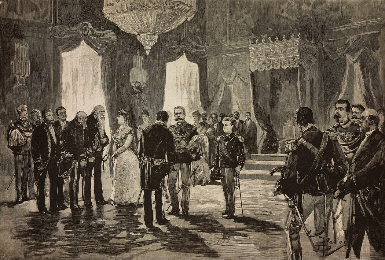 Napolin prinssi, Alfonso Maria Giuseppe Alberto Bourbon-Two Siciliesista apululutnantti-univormussa, uudenvuoden vastaanotossa Quirinalissa, Italiassa, kaiverrus Dante Paoloccin piirroksesta, L