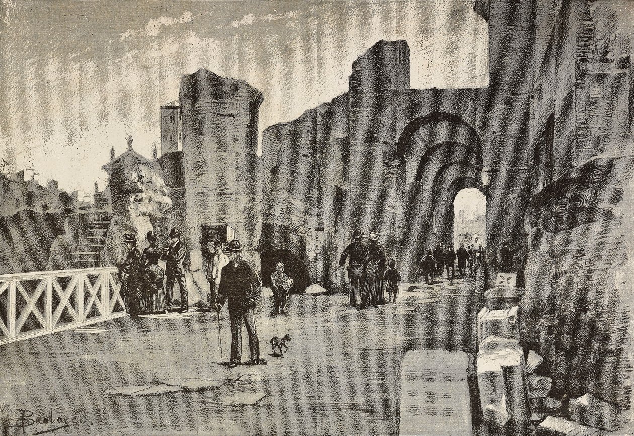 Julkinen kävelytie (Summa Nova Via) Palazzo dei Cesarissa, Roomassa, Italiassa, kaiverrus Dante Paoloccin piirroksesta, L