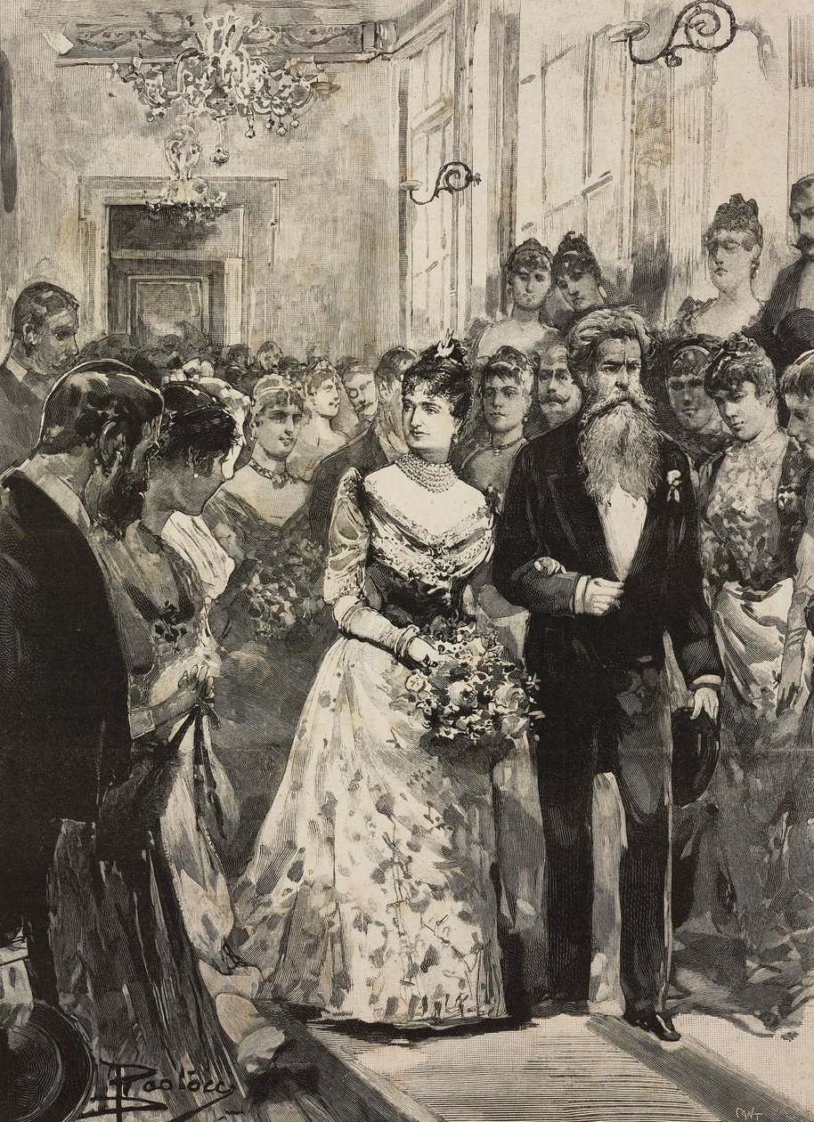 Savoian kuningatar Margherita Rooman taiteilijaklubin (Circolo Artistico) juhlissa, kuvanveistäjä Giulio Monteverden kanssa, Italia, kaiverrus Dante Paoloccin piirtämänä, L