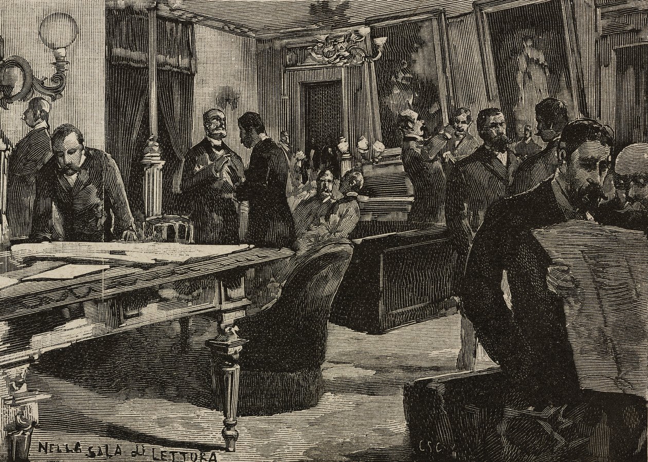Lukusali Palazzo Montecitoriossa, Roomassa, Italiassa, kaiverrus Dante Paoloccin piirustuksen jälkeen, L