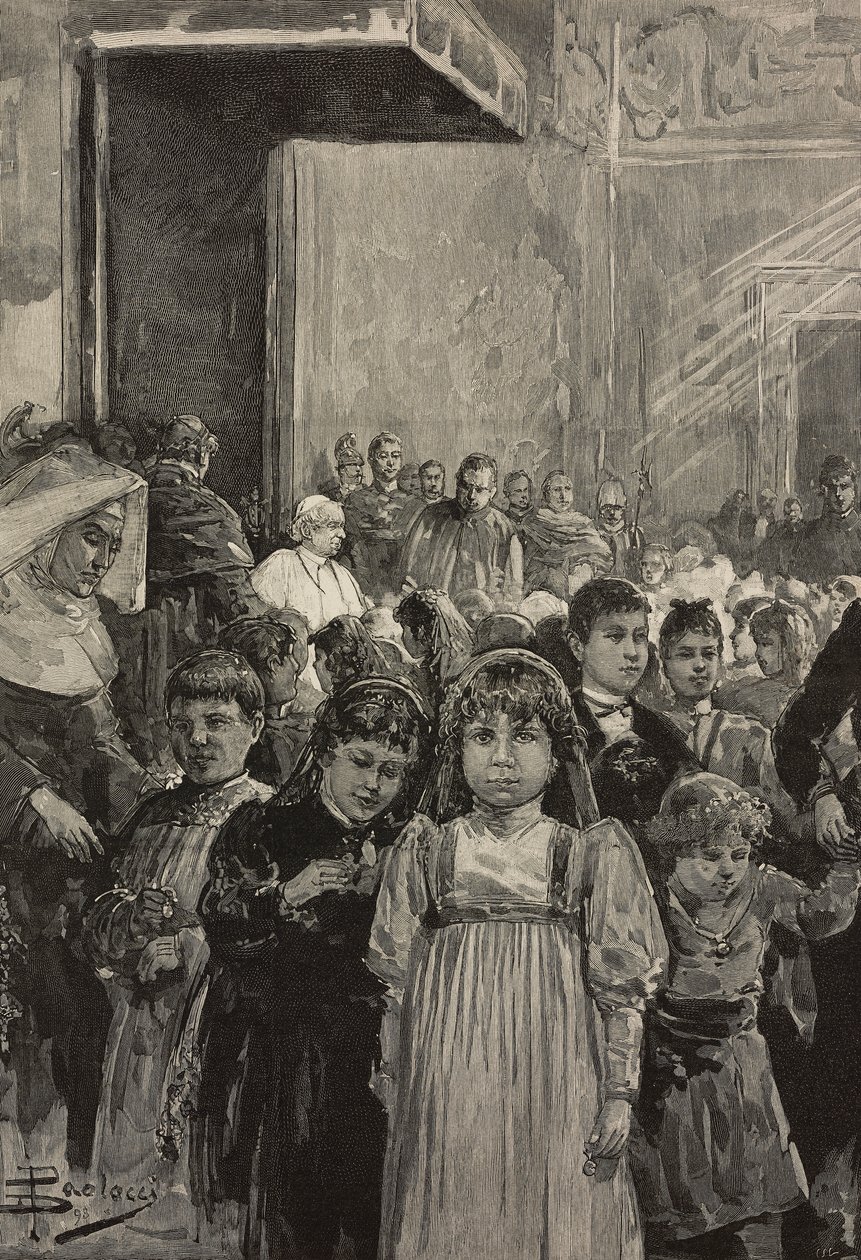 Lasten vastaanotto paavi Leo XIII:n juhlallisuuksissa, Vatikaanissa, kaiverrus Dante Paoloccin piirustuksen mukaan, L