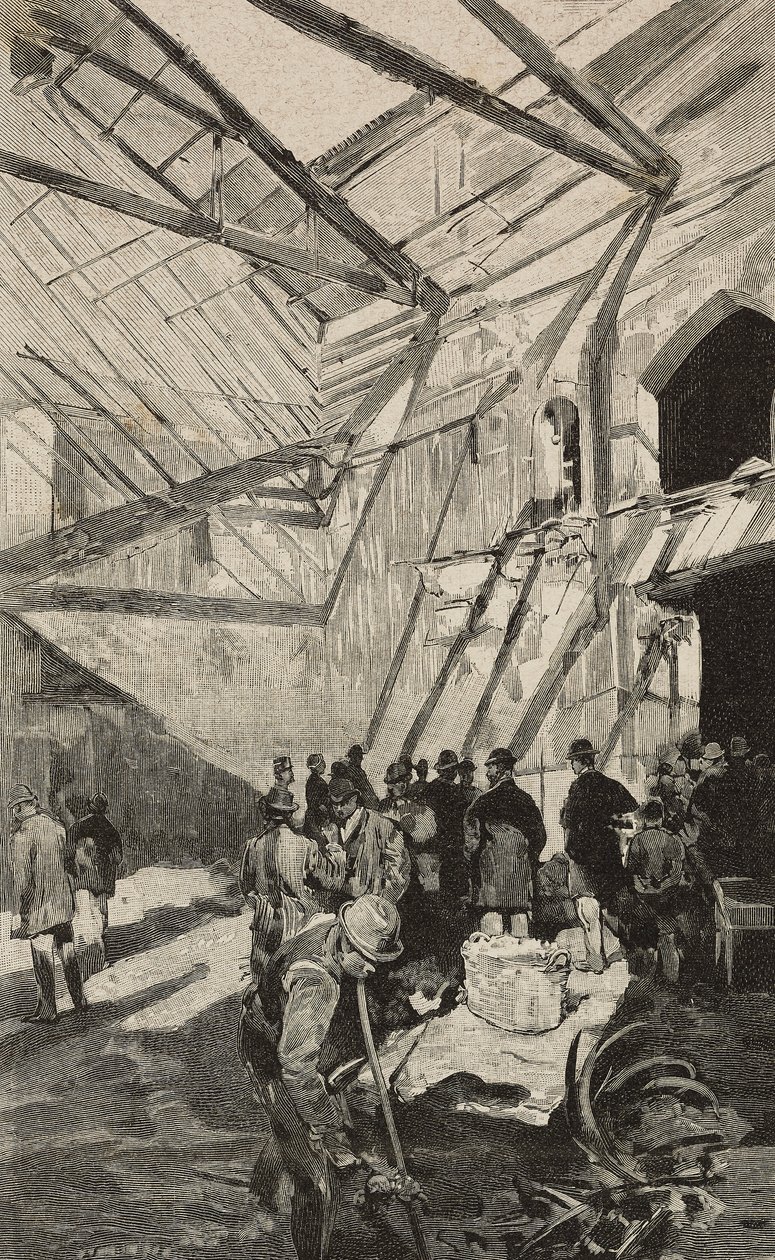 Israelilaisen teatterin jäänteet vuoden 1893 tulipalon jälkeen, Rooma, Italia, kaiverrus Dante Paoloccin piirustuksen mukaan, L