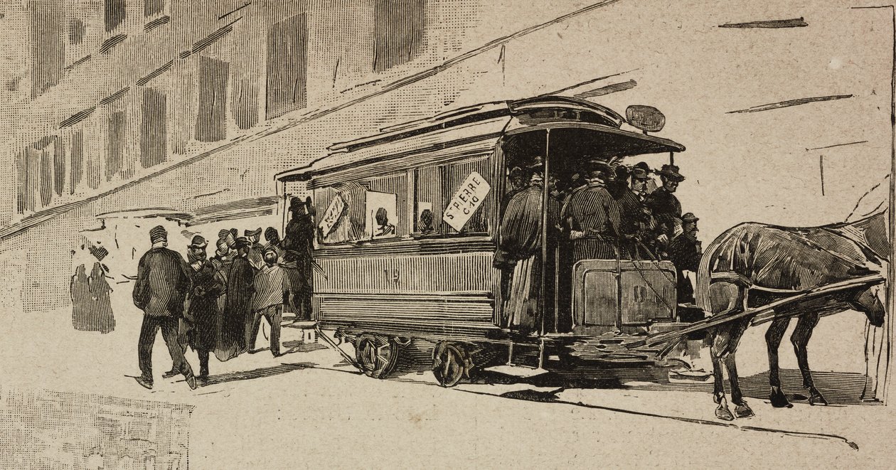 Raitiovaunu suunnattu Pyhälle Pietarille Leo XIII:n piispanjuhlavuoden yhteydessä, Rooma, Italia, kaiverrus Dante Paoloccin piirtämänä, L