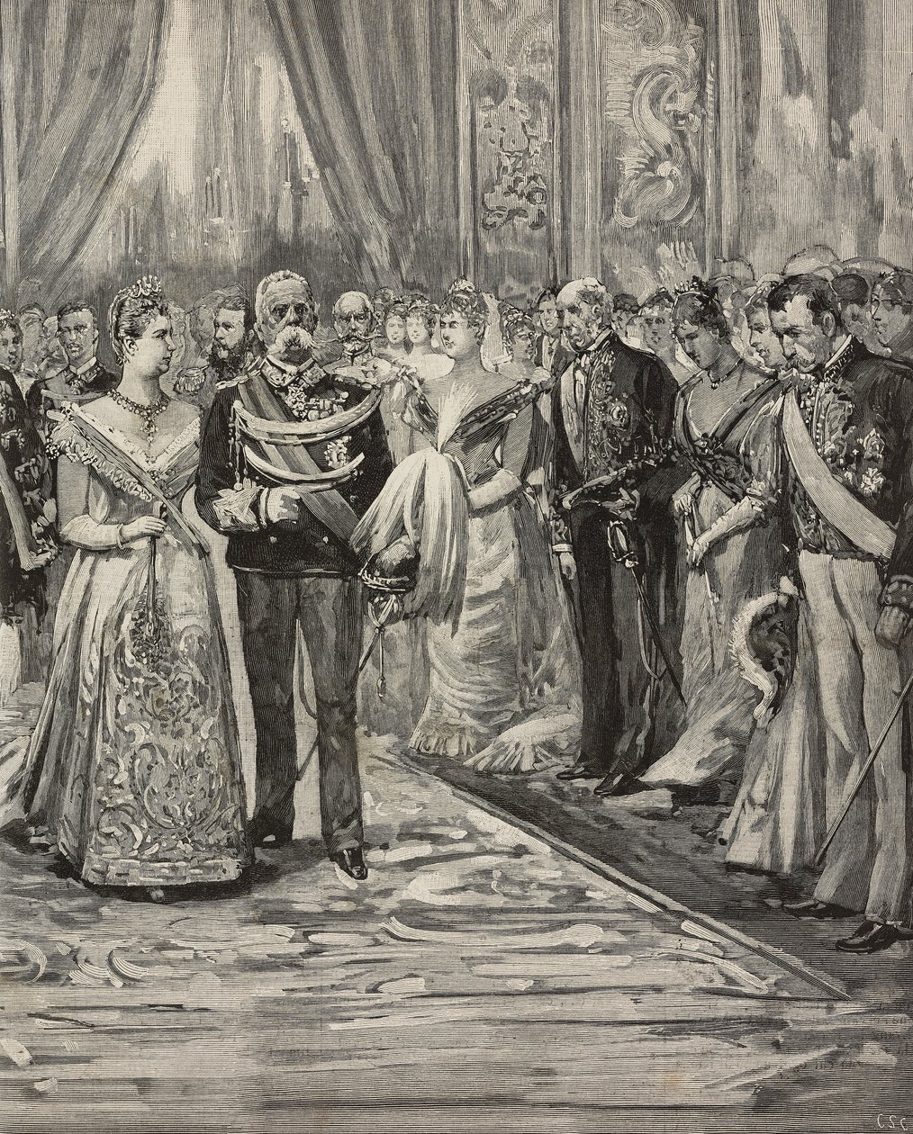 Umberto I ja Margherita Savoialainen hopeahäidensä konsertissa, Palazzo del Quirinale, Rooma, Italia, kaiverrus Dante Paoloccin piirtämänä, L
