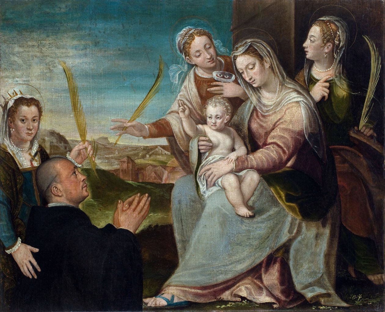 Neitsyt ja lapsi Pyhän Katariinan, Pyhän Lucian, Padovan pyhän Justinuksen ja benediktiinimunkin kanssa - Dario Varotarin, vanhimman (1539-1596), öljy kankaalle tekijältä Dario the Elder Varotari