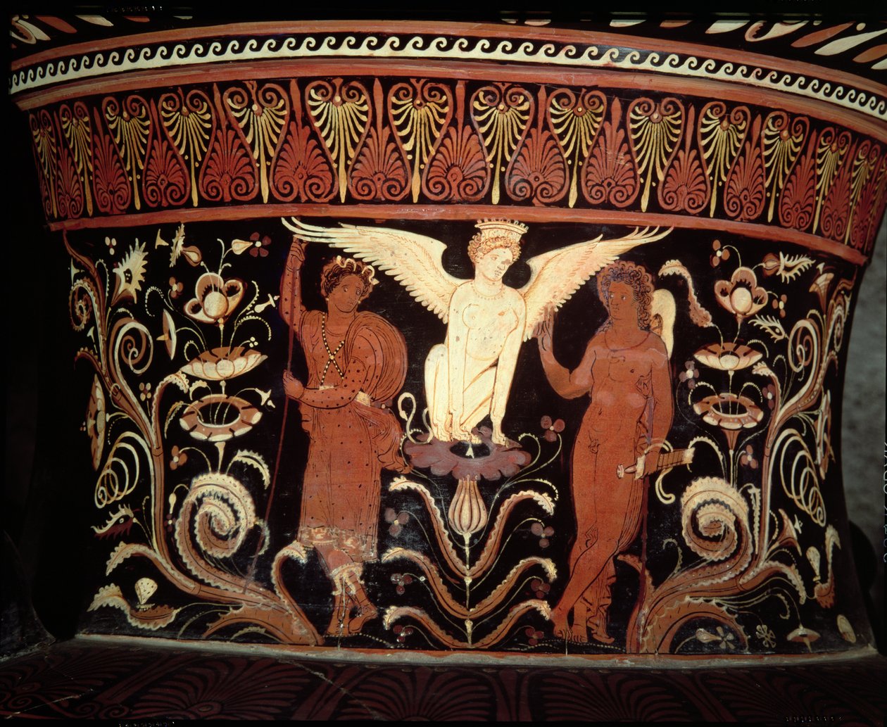 Apulian punaisen figuurin voluuttikraatteri, Oidipusta ja sfinksiä esittävän kaulan yksityiskohta, ks. myös 153772. tekijältä Darius Painter