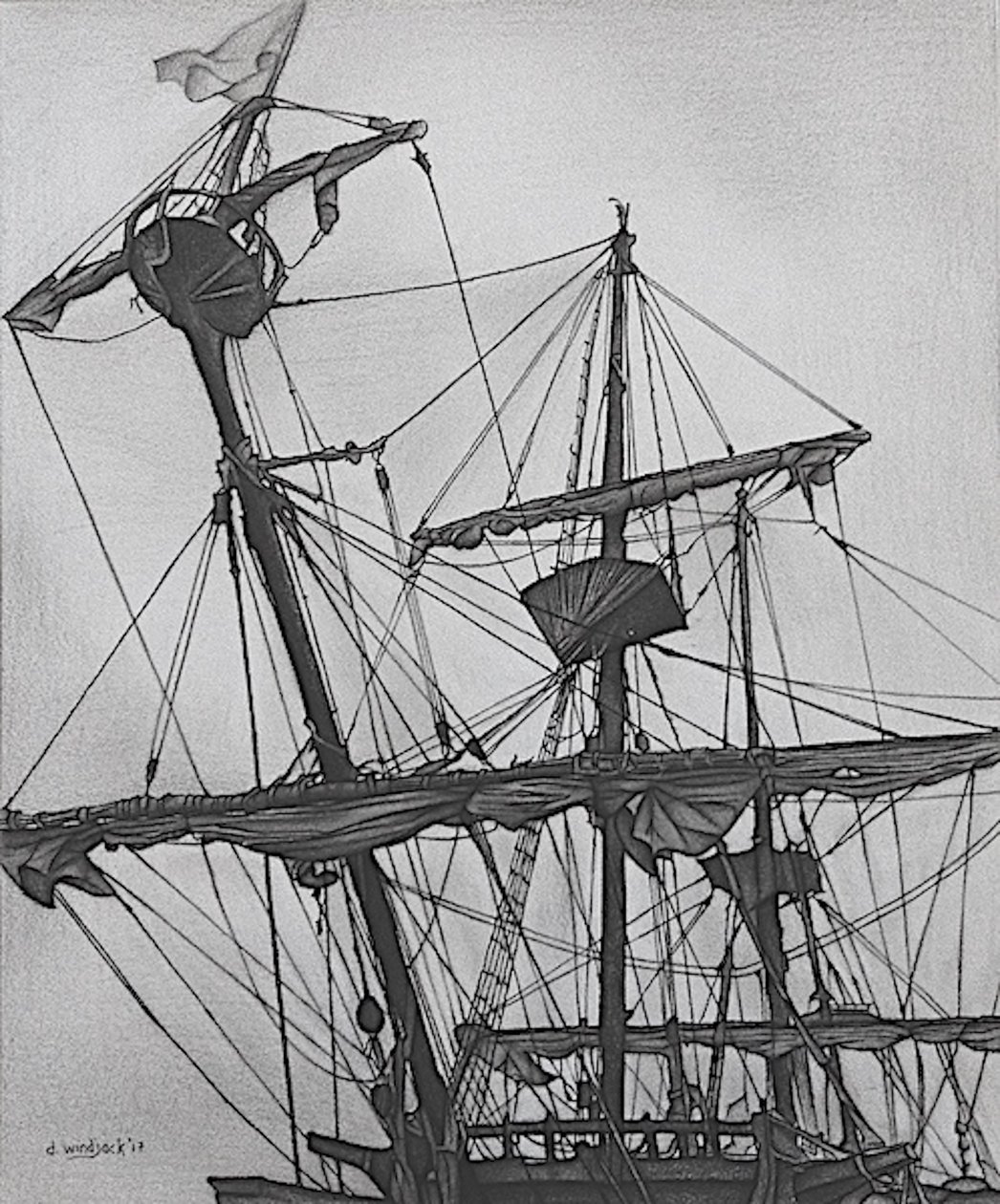 Ghostly Galleon, 2017 (lyijykynä, muste paperille) tekijältä Darrell Windjack