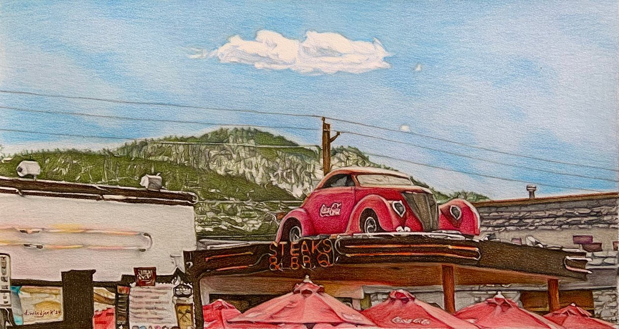 Pitstop on Route 66, 2024 (lyijykynä paperille) tekijältä Darrell Windjack