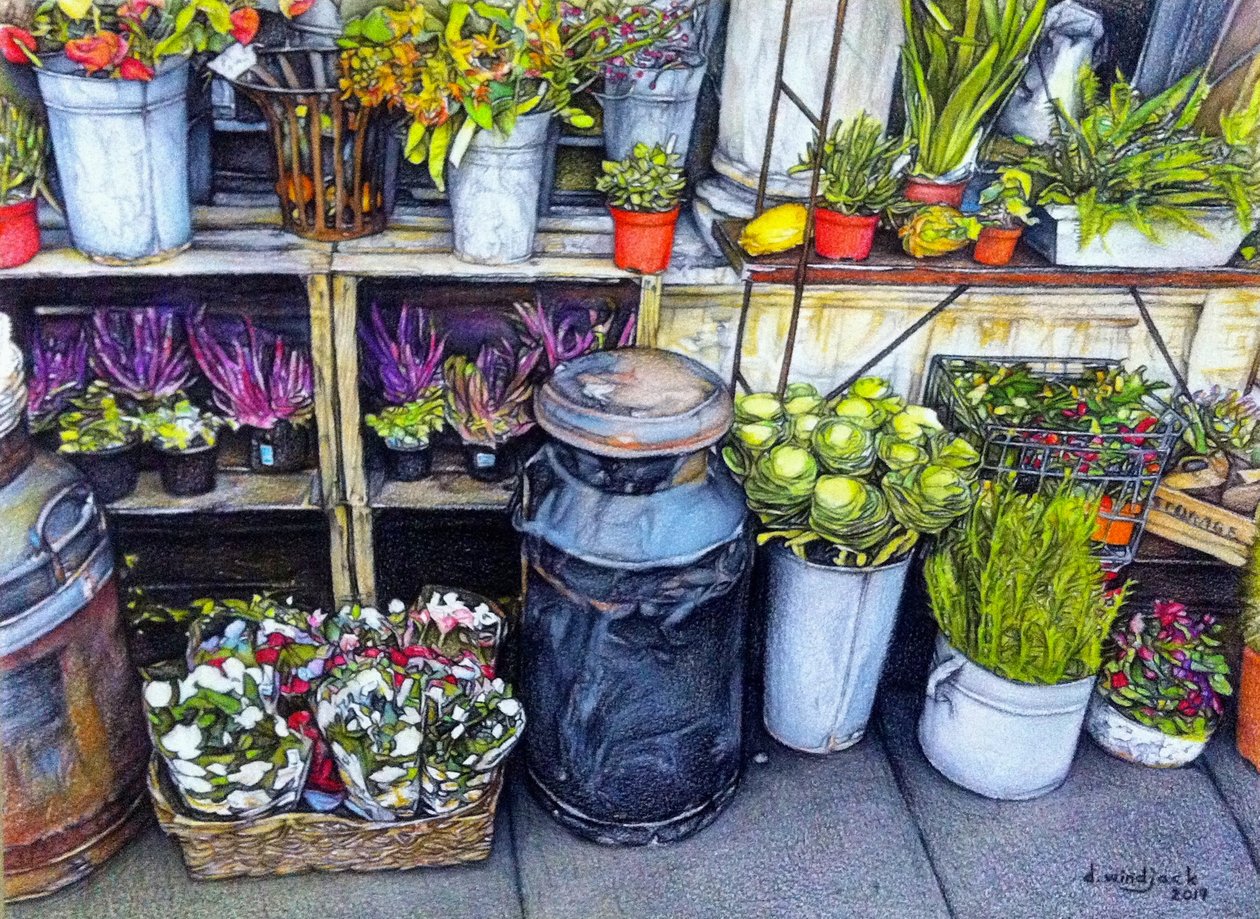 The Flower Stand, 2018 (lyijykynä paperille) tekijältä Darrell Windjack