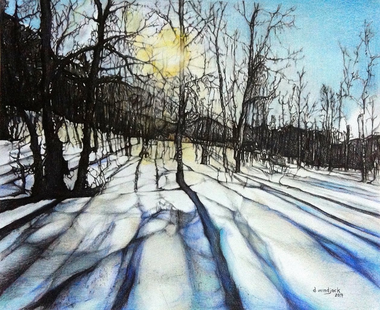 Winter Shadows, 2017 (lyijykynä, muste paperille) tekijältä Darrell Windjack