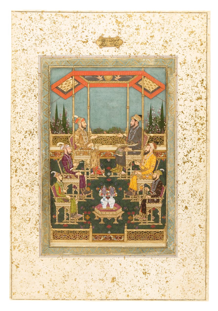 A Gathering of Princes, n.1710 (peittävä akvarelli ja kulta paperille, kiinnitetty albumin sivuksi). tekijältä Das Bhawani