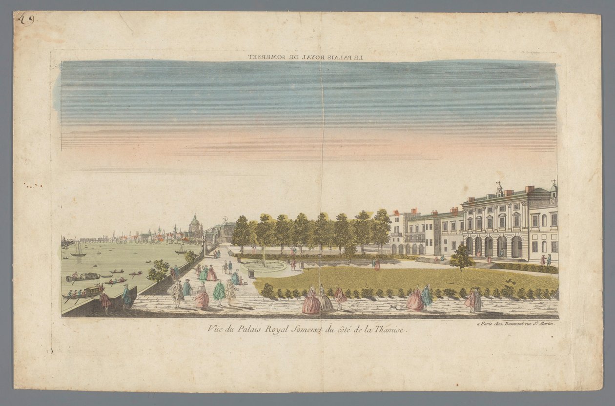 Näkymä Somerset Housesta Thames-joen rannalta Lontoon taustalla Le Palais Royal de Somerset / Vue du Palais Royal Somerset du côté de la Thamise (otsikko esineessä) tekijältä Daumont