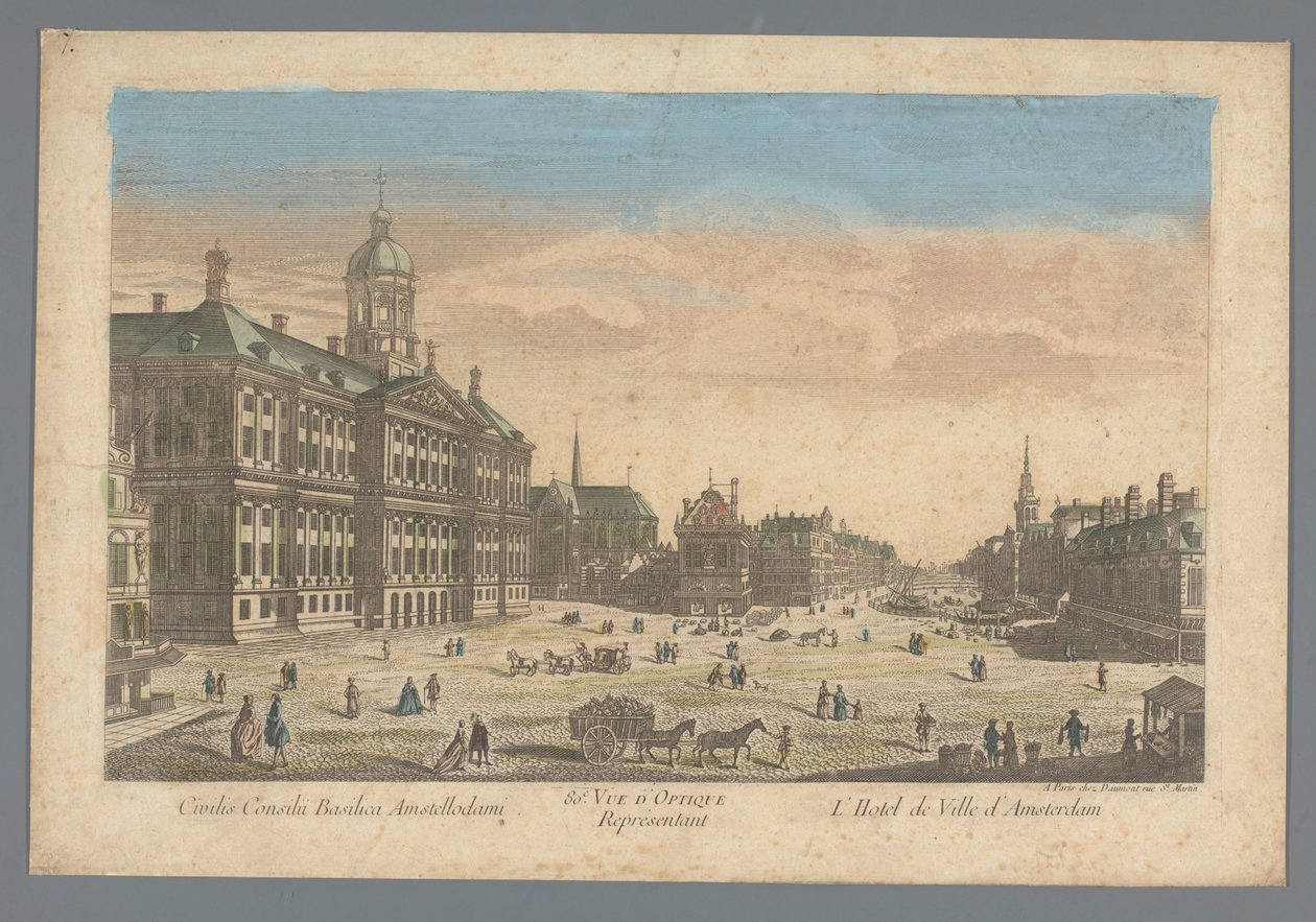 Näkymä kaupungintalolle Dam-aukiolla Amsterdamissa Civilis Consilu Basilica Amstellodami / So.e Vue D