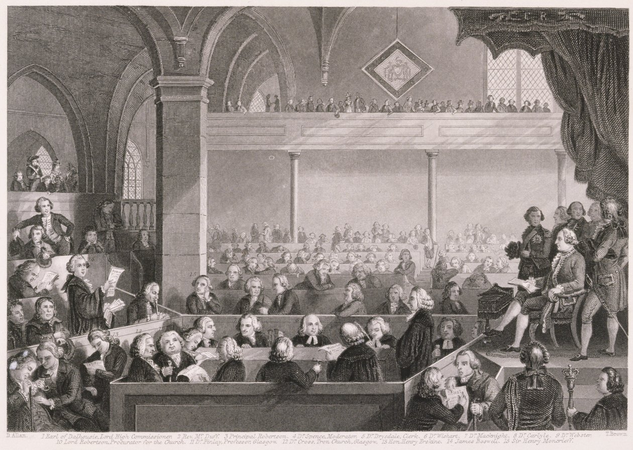 Skotlannin kirkon yleiskokous vuonna 1783, kaivertanut T. Brown, "World Religion" -julkaisusta, julkaisija A. Fullarton und Co. tekijältä David Allan
