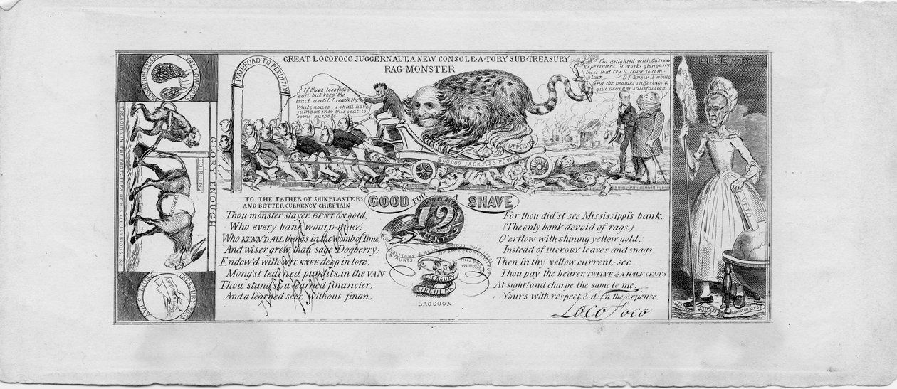Suuri locofoco-juggernaut: uusi konsoli-a-tory-areenan räsyhirviö, n. 1837 (kuparikaiverrus) tekijältä David Claypoole Johnston