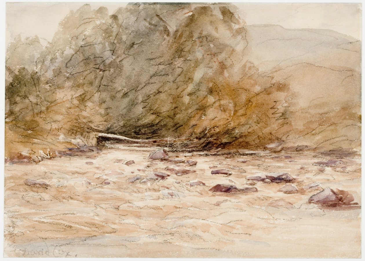 Vuoristoinen puro (hiili ja akvarelli paperille (liimattu paperille)) tekijältä David Cox