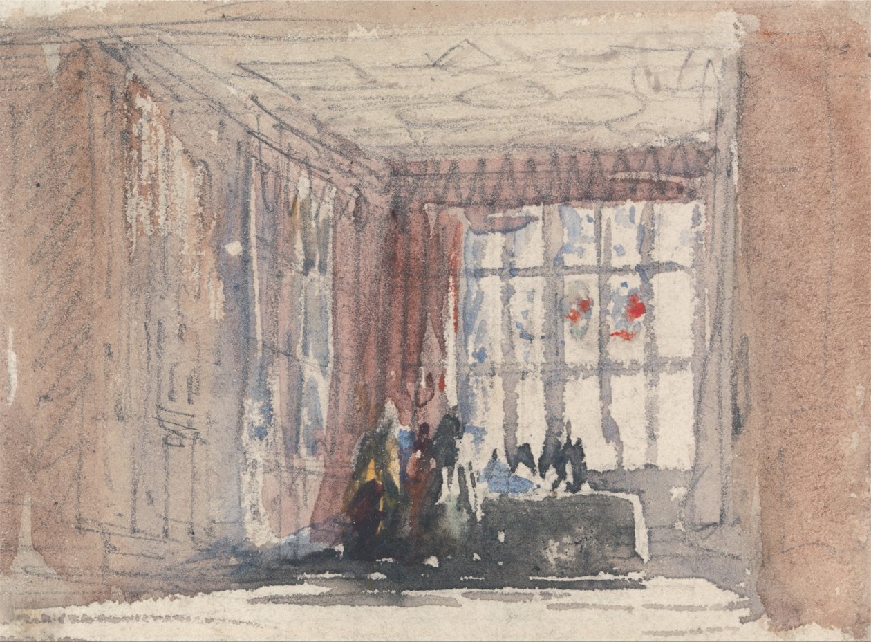 Tudor -huone, jossa on hahmoja, mahdollisesti Hardwick Hall tai Haddon Hall tekijältä David Cox