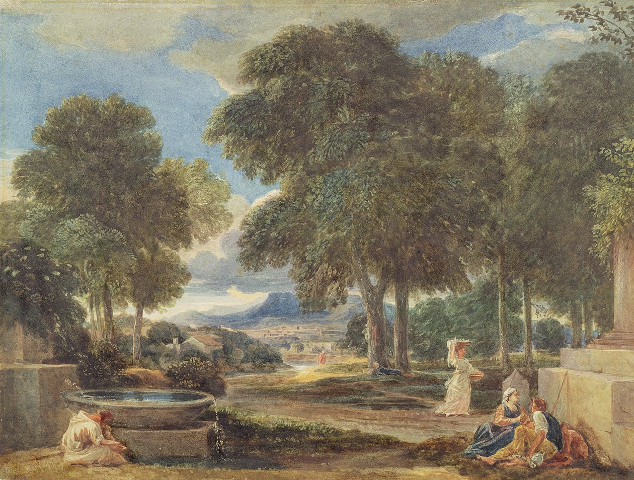 Maisema, jossa mies pesee jalkojaan suihkulähteellä Nicolas Poussinin (1594-1665) mukaan tekijältä David Cox