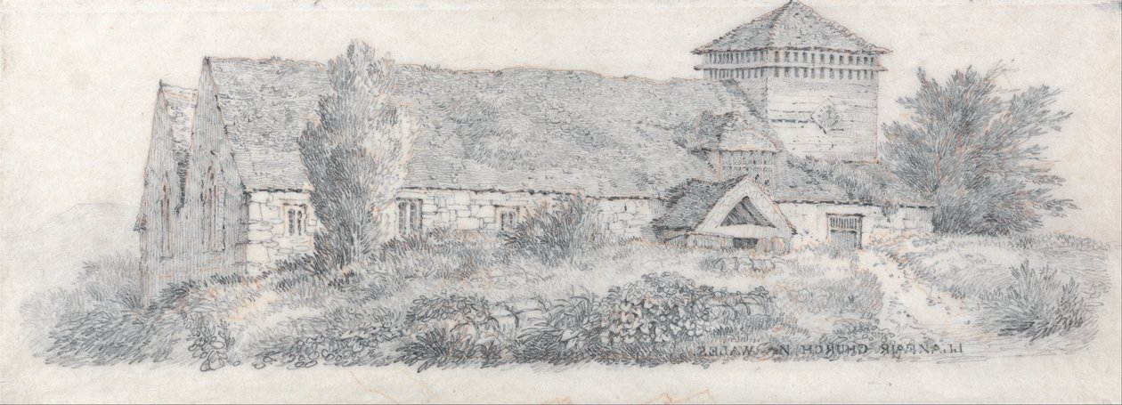 Llanfairin kirkko, Pohjois -Wales, tutkielma maisemamaalauksesta ja vesivärien vaikutuksesta tekijältä David Cox