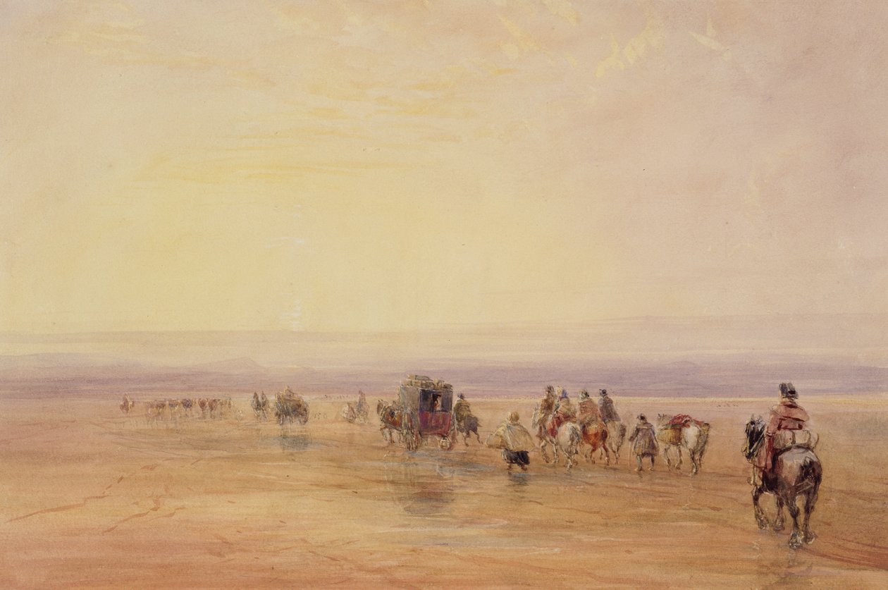 Lancaster Sandsilla, Sunset (Crossing Lancaster Sands) n. 1835 (wc ja vartaloväri grafiitin päällä paperilla) tekijältä David Cox