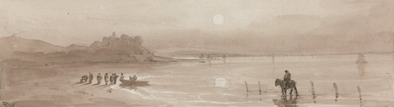 Merenranta, auringonlasku Harlechin linnan kanssa tekijältä David Cox