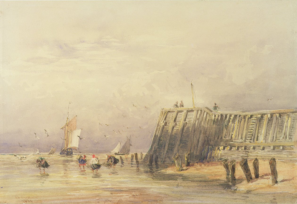 Merimaisema, jossa on purjeveneitä ja rannalla kahlaavia hahmoja, 1832 tekijältä David Cox
