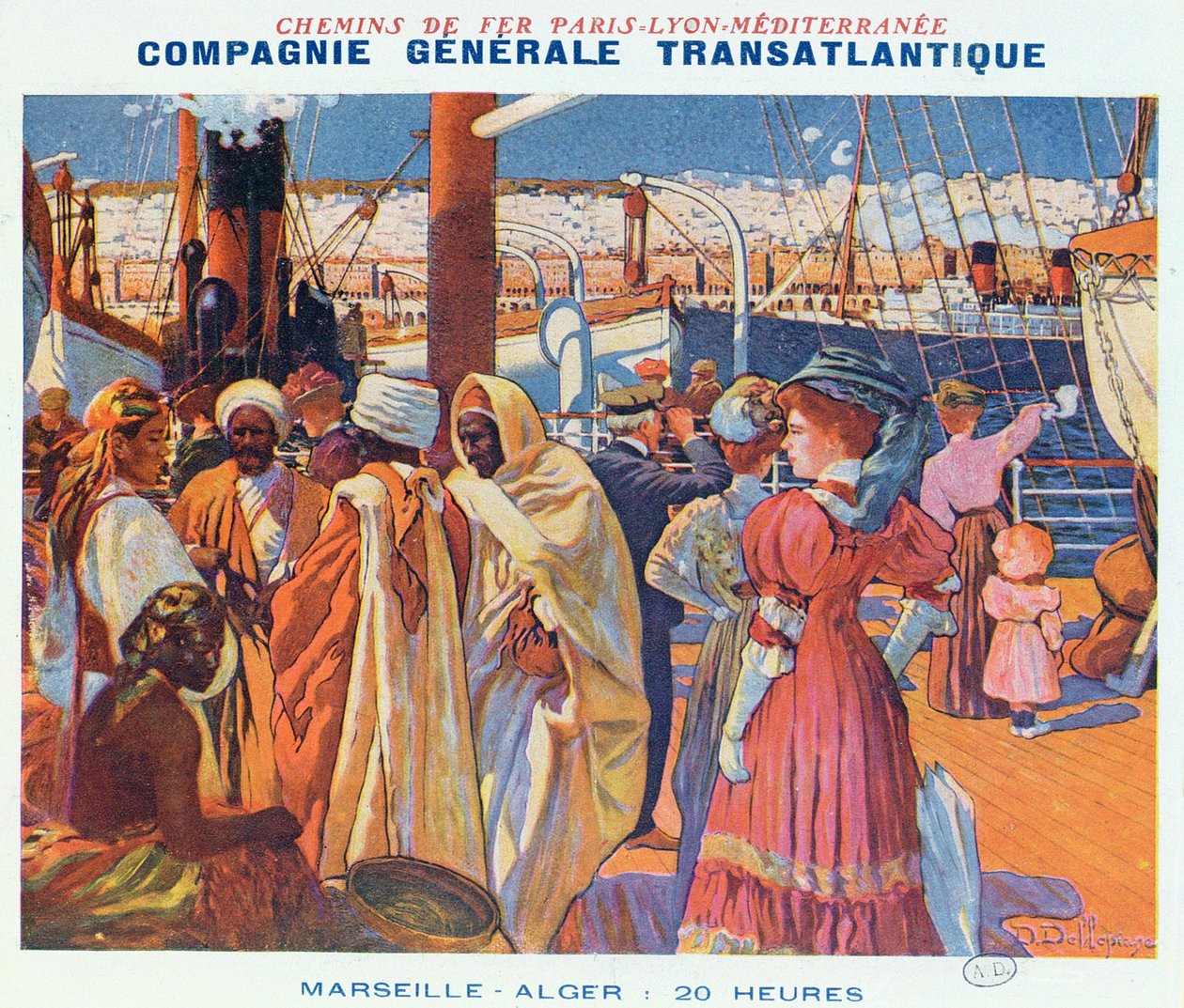 Juliste, joka mainostaa "Compagnie Generale Transatlantique" -venepalvelua Marseillesta Algeriin 20 tunnissa, 1909 tekijältä David Dellepiane