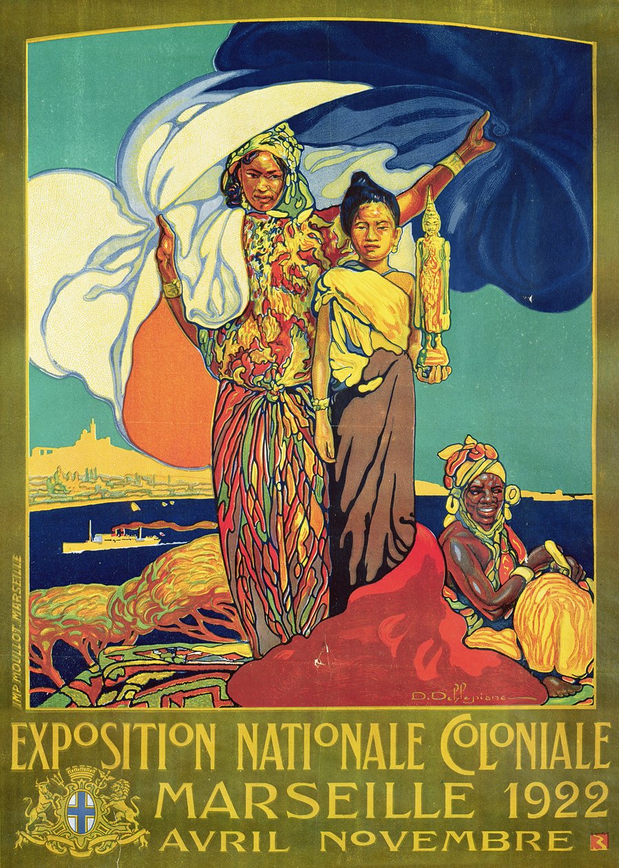 Juliste, joka mainostaa "Exposition Nationale Colonialea", Marseille, huhtikuusta marraskuuhun 1922 tekijältä David Dellepiane