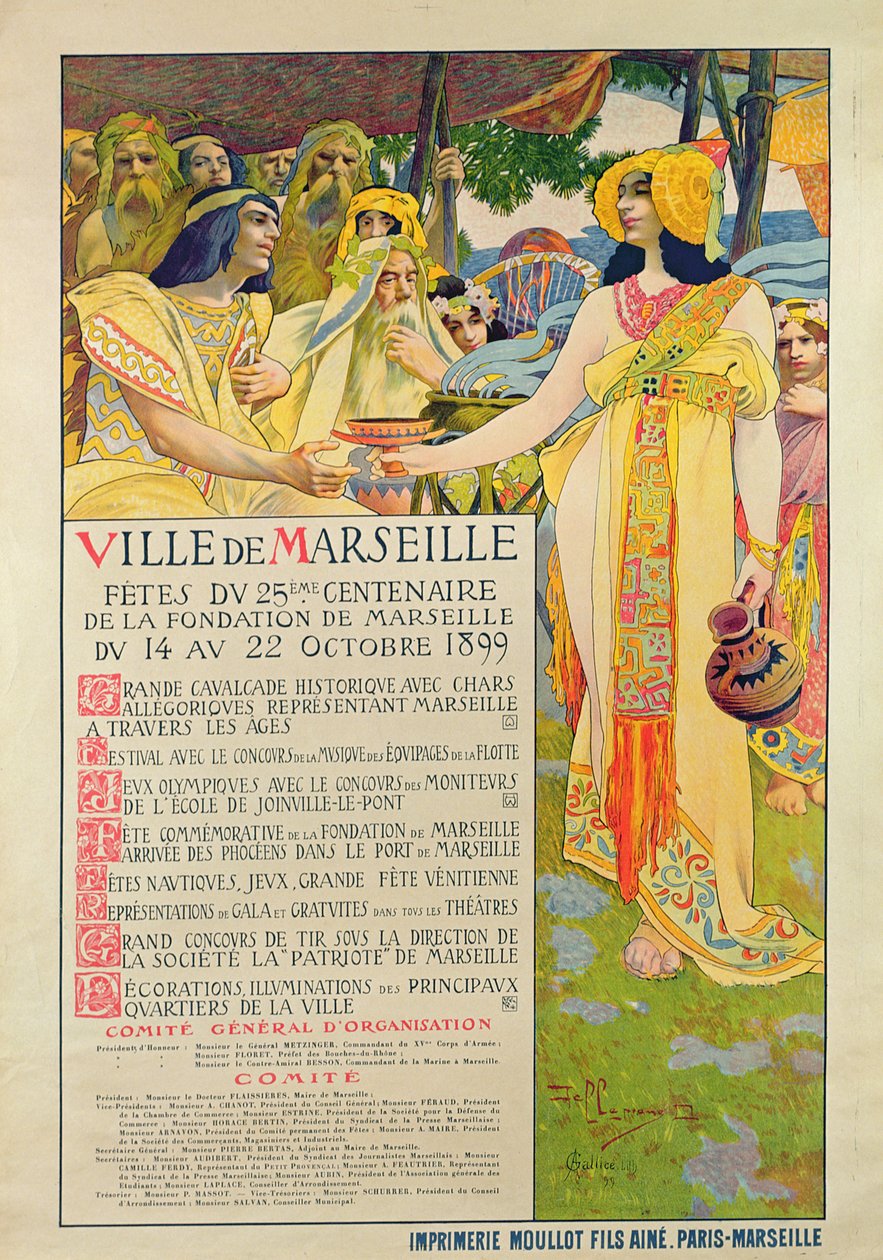 Marseillen perustamisen muistojulisteeksi luotu juliste, kaiverrettu A. Gallice, 1899 tekijältä David Dellepiane