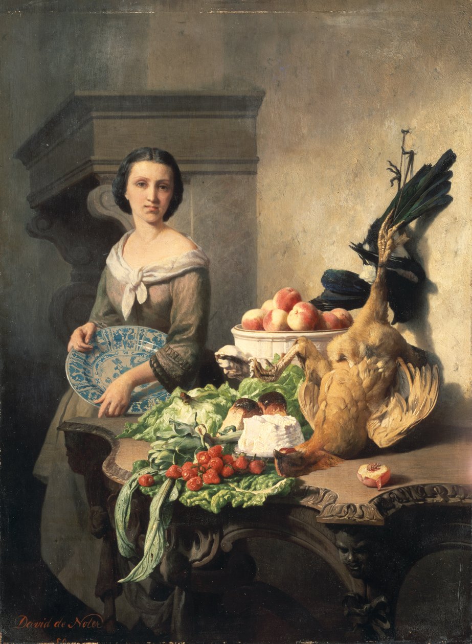 Palveleva tyttö seisoo ruokapöydän ääressä, 1859 tekijältä David Emil Joseph de Noter