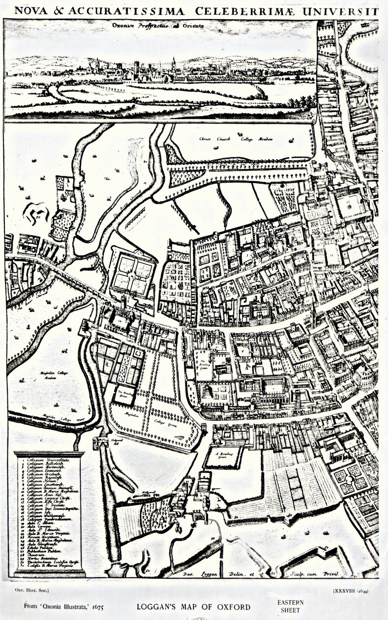 Logganin kartta Oxfordista, Eastern Sheet, "Oxonia Illustrated", julkaistu 1675 tekijältä David Loggan