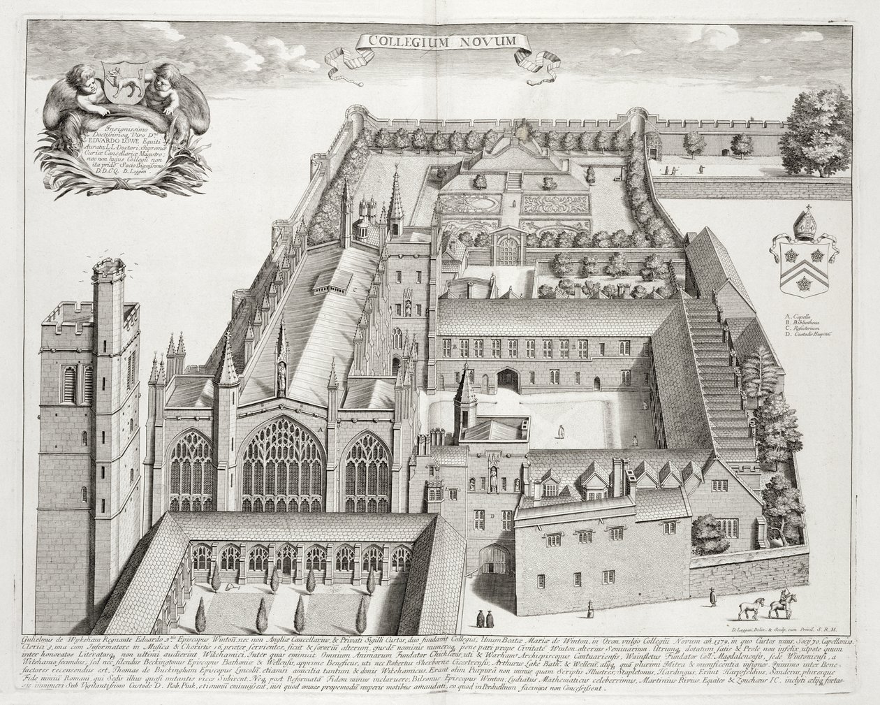 New College, Oxford, Oxonia Illustratasta, julkaistu 1675 tekijältä David Loggan