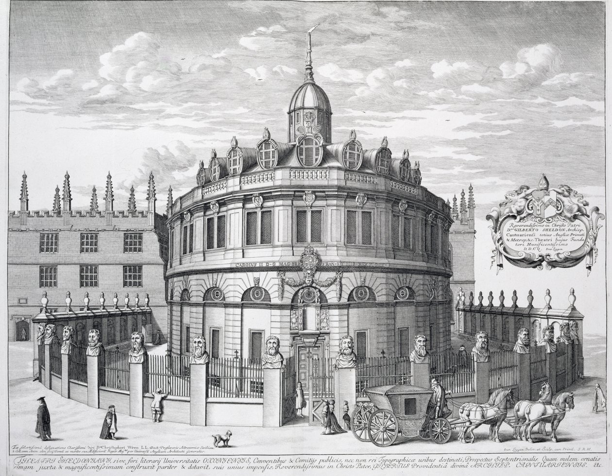 Sheldonian Theatre, Oxford, Oxonia Illustratasta, julkaistu 1675 tekijältä David Loggan