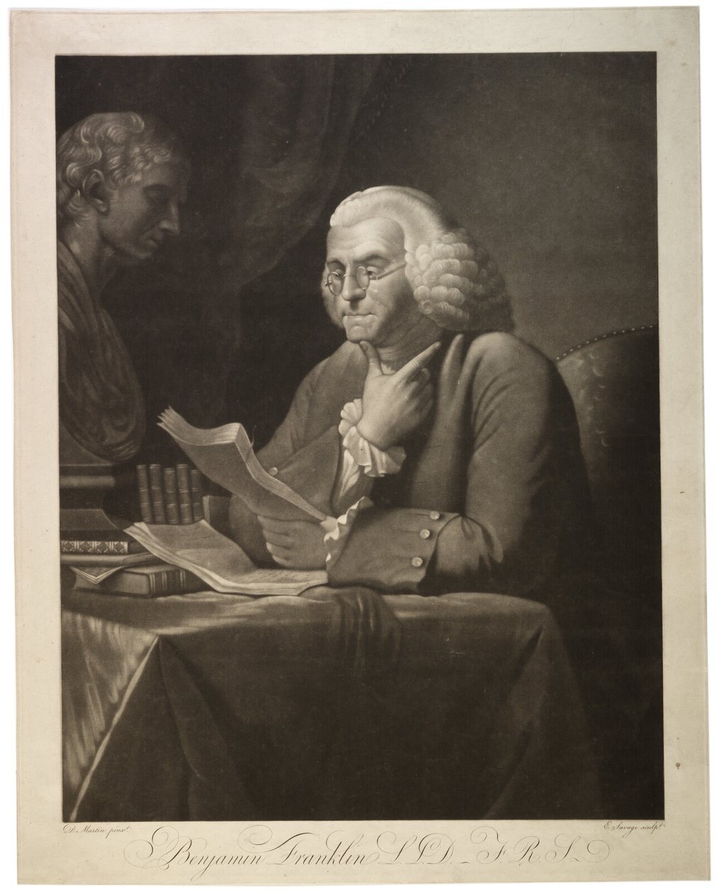 Benjamin Franklin L.L.D. - F.R.S., kaiverrus Edward Savage (1761-1817), noin 1800 (mezzotint) tekijältä David Martin