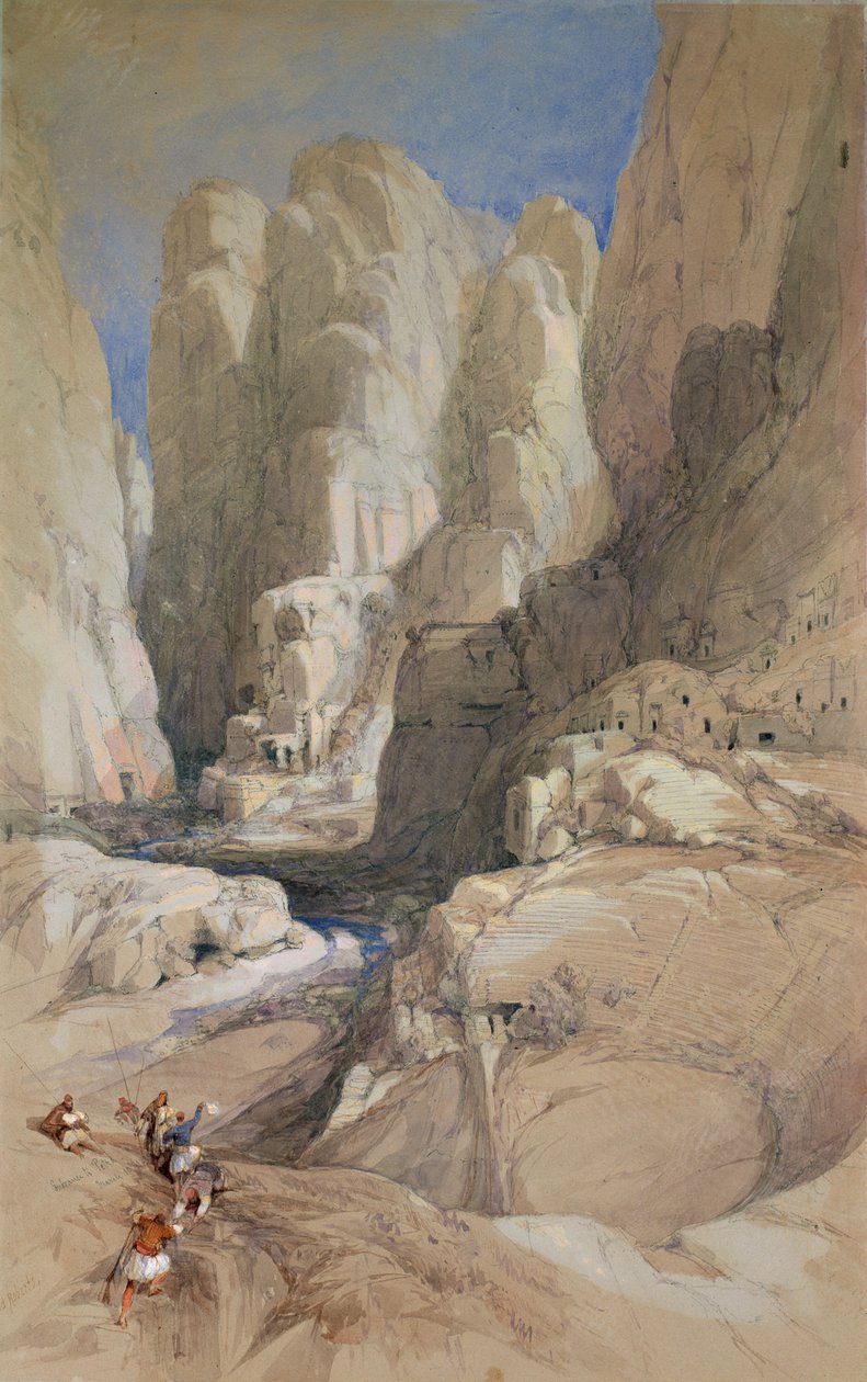 Sisäänkäynti Petraan, Jordaniaan, 1839 (wc korotettu valkoisella vaaleanharmaalla paperilla) tekijältä David Roberts