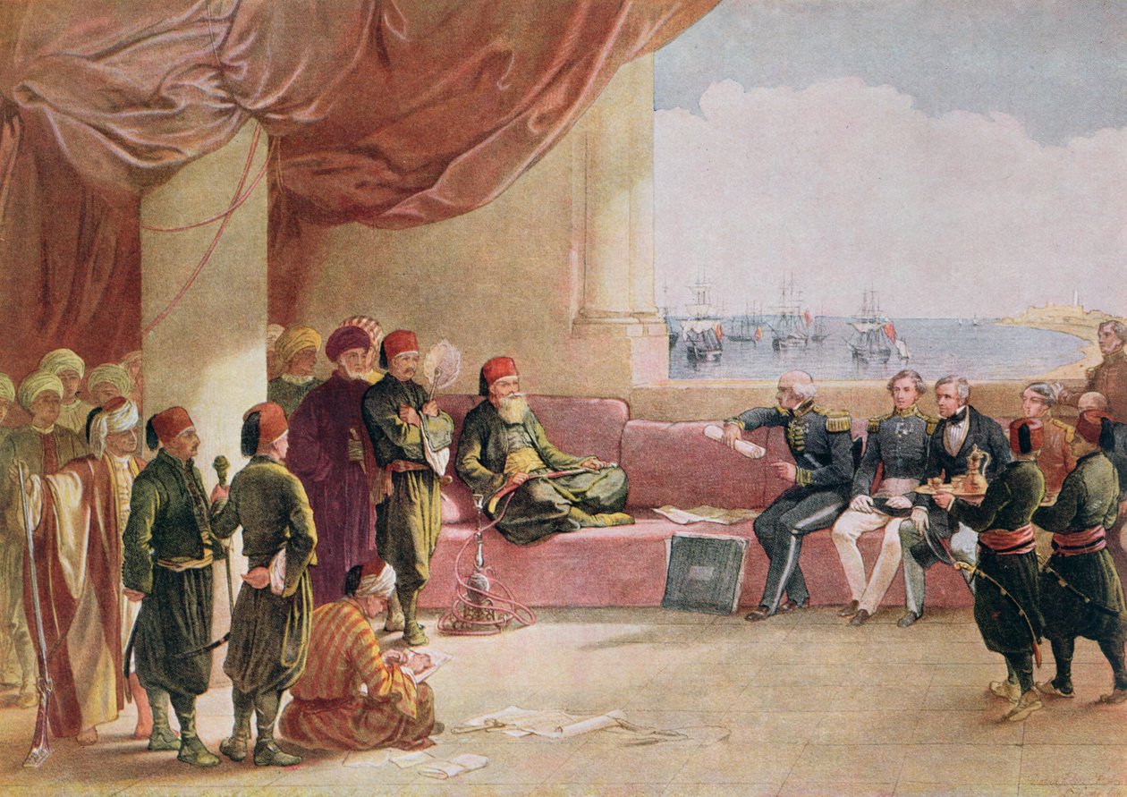 Mohamed Ali vastaanottaa lähettiläitä Iso-Britanniasta palatsissaan Aleksandriassa 12. toukokuuta 1839 1849 tekijältä David Roberts