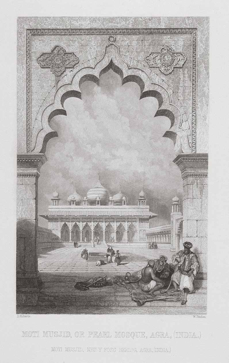 Moti Masjid, tai helmimoskeija, Agra, Intia, kaiverrus W. Finden, "World Religion" -julkaisusta, julkaisija A. Fullarton und Co. tekijältä David Roberts