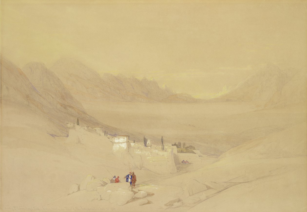 Pyhän Katariinan luostari, Siinain vuori, näkymä leirintätasangolle, 1839 (wc grafiitin päällä paperilla) tekijältä David Roberts