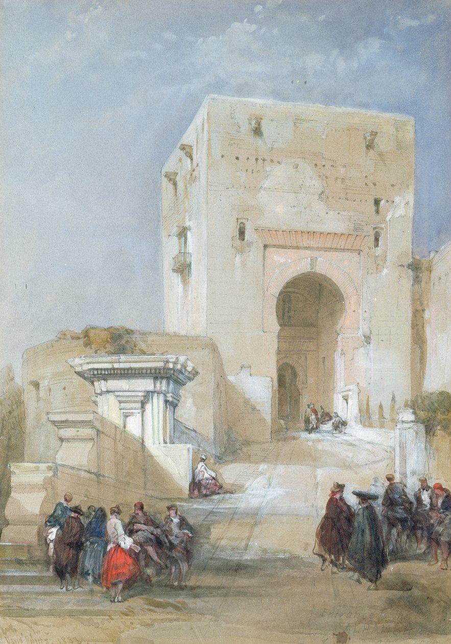 Oikeuden portti, Alhambran sisäänkäynti, 1833 (lyijykynä, guassi ja wc) tekijältä David Roberts