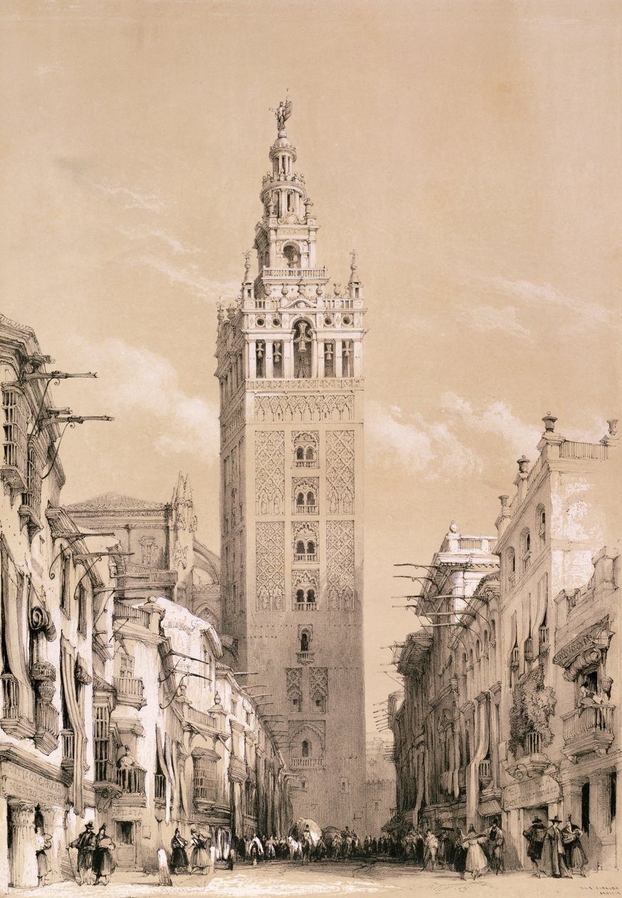 Giralda, Sevilla, elokuvasta "Picturesque Sketches in Spain", n. 1832-33 tekijältä David Roberts