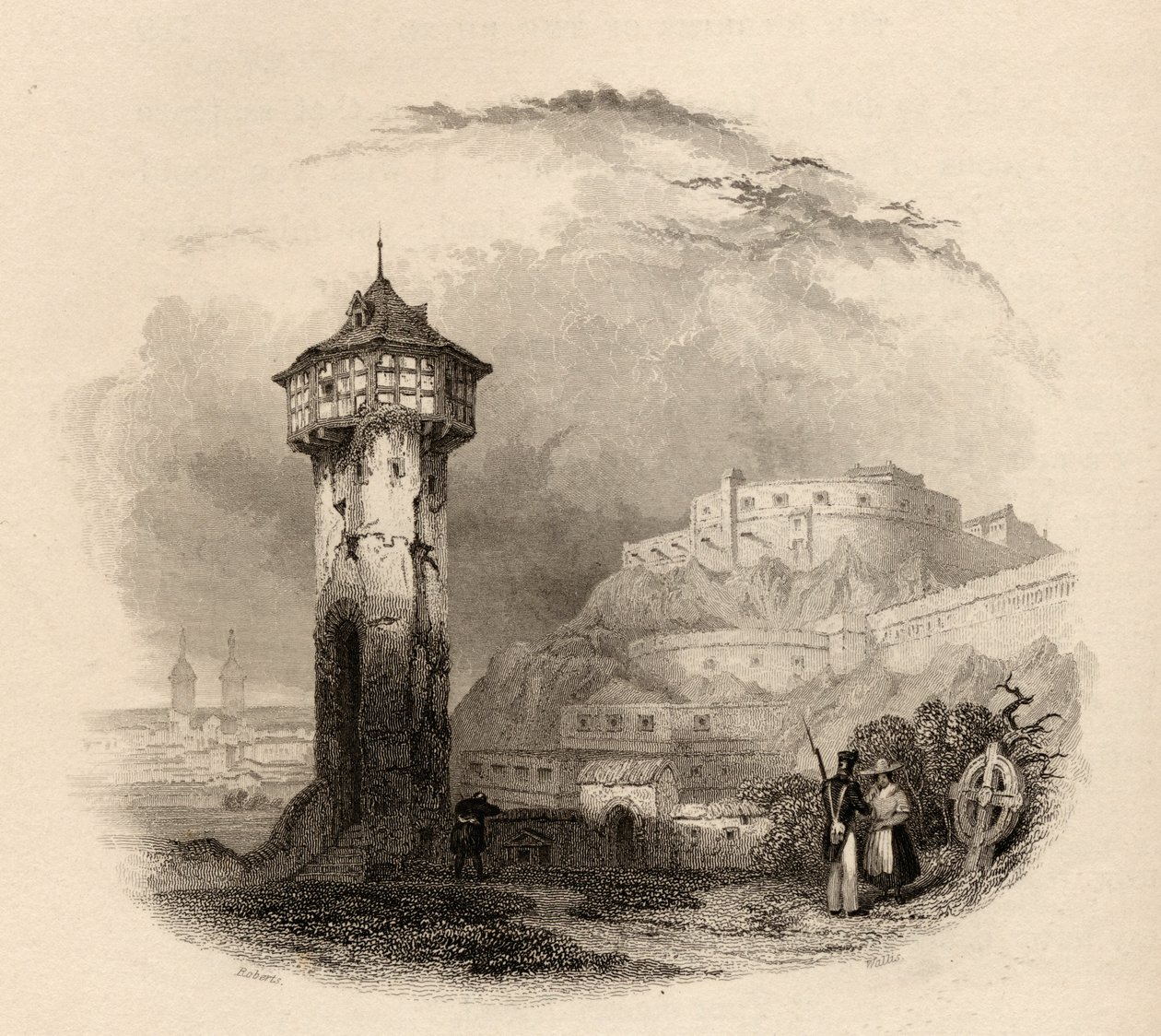 Roomalainen torni Thalissa, Ehrenbreitsteinissa, Wallisin kaivertama, kuvitus Reinin pyhiinvaeltajista, julkaistu 1840 tekijältä David Roberts
