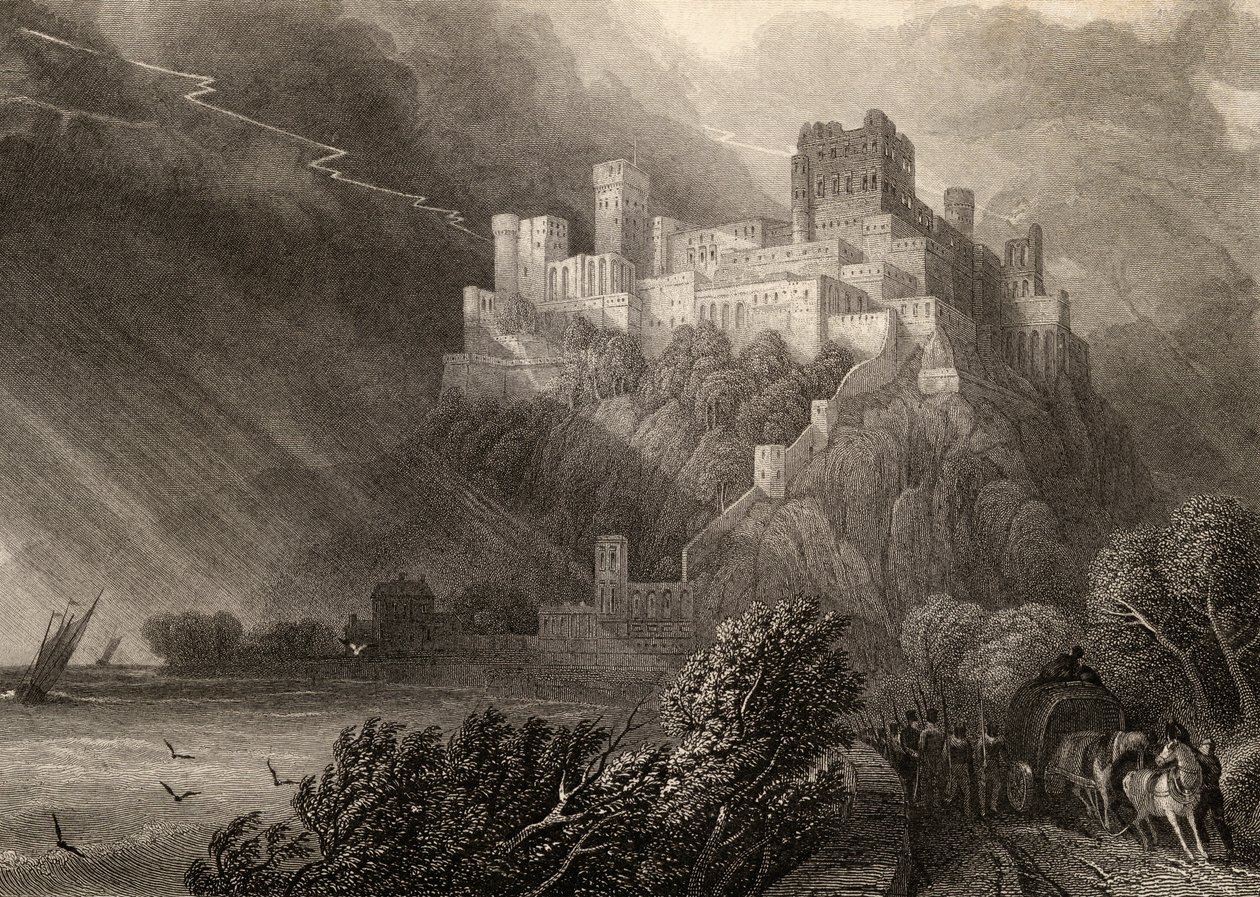 Rheinfelsin rauniot, kaivertanut W. Radclyffe, kuvitus teoksesta "The Pilgrims of the Rhine", julkaistu 1840 tekijältä David Roberts