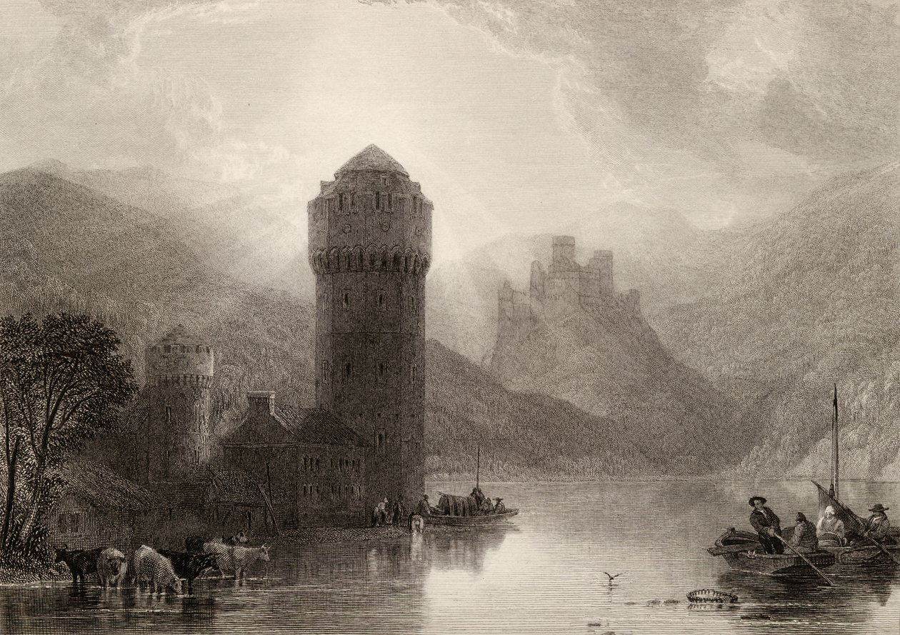 Niederlahnsteinin torni, kaiverrettu E. Goodall, kuvitus teoksesta The Pilgrims of the Rhine, julkaistu 1840 tekijältä David Roberts