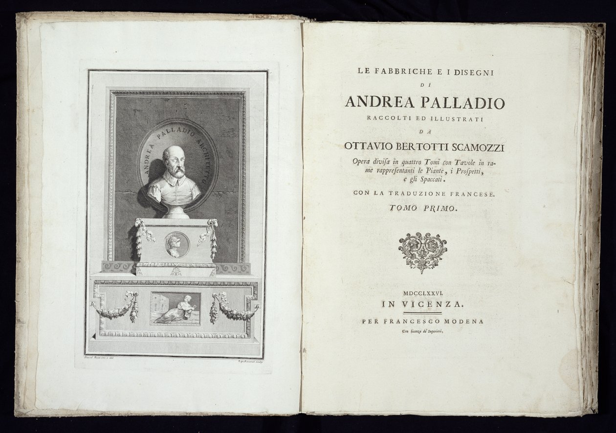 Andrea Palladion Tehtaat ja piirustukset -teoksen nimisivu, jossa arkkitehdin muotokuva, Simon Francis Ravenet (1737-1821) kaiverrettu, julkaistu 1776 tekijältä David Rossi