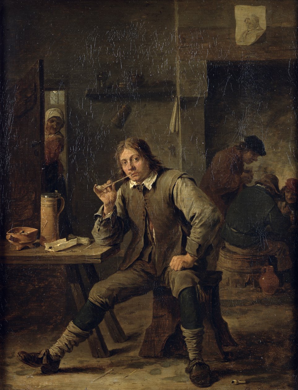 Tupakoitsija nojaa pöytään, 1643 tekijältä David Teniers the Younger